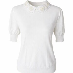 Sioni Milano White Knit Top Pearl Beaded Collar‎ Puff Sleeve Preppy- Medium